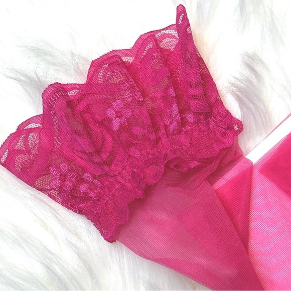 Hot Pink Thigh High Stockings with Lace Detail - Picture 3 of 3